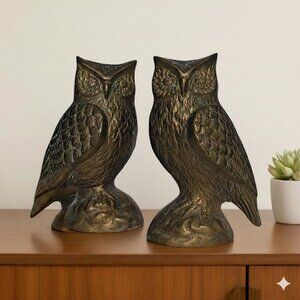 Vintage Cast Brass Owl Figurines Mid-Century Pair Heavy Gold MCM Patina Decor